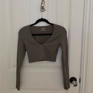 Garage Grey Ribbed V-Neck Crop Top